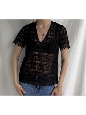 Sandro Paris Women’s Black Lace Top Size 1 Quiet Luxury V Neck EXCELLENT COND